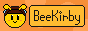 pixel art icon for the thingybobinc website, the background is a yellow-orange polkadots, with a bee-themed kirby icon to the left which also has a nice brown hat. there is text beside it that says beekirby within a rounded border.