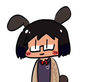 bust up drawing of alayna (black bunny ears and tail, black hair, glasses, smiling face with blush, beige jacket and blue undershirt, red bowtie collar). when hovered over, her ears straighten up and eyes become comical white dots, with an open smile.