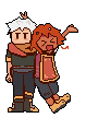 simple gif pixel fanart animation of evergrace. darius is standing stiffly (blinking occasionally) while sharline leans against him, posing with both hands outstretched, waving around, and happy. behind darius is a pair of bunny ears, a hand gesture, done by sharline.