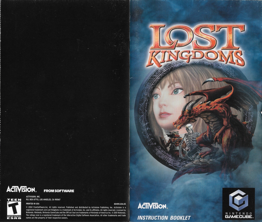 front and back page spread of lost kingdoms' instruction manual. the front page has the logo of lost kingdoms, as well as a medieval themed blue frame with a red dragon, skeleton, and berserker lining the frame. inside the frame is a 3d render of katia's profile. the rest of the image has a cloudy dark blue background, the activision and gamecube logo, and the words instruction booklet. the back page has activision and fromsoftware's logo, the ESRB t rating for the game, and legal fine print.