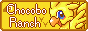 pixel art icon for the chocoboranch website, the background is bright yellow with brown border, with footsteps resembling a bird. a chocobo from final fantasy adorns the right part of the icon. there is text beside it that says Chocobo Ranch, white with brown border.