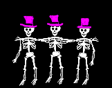 three cartoon skeletons in purple hats standing together as if about to do the can-can. if the animation is activated, they do the can-can dance left and right alternatingly.