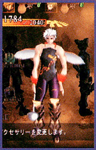 screenshot of evergrace 2 with darius in a fake angel halo, strapless wings top and purple spiky pants, and silver spoon.
