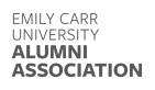 logo for the Emily Carr University Alumni Association. the letters are in all caps, all grey, with the alumni association being in a bolder and darker font