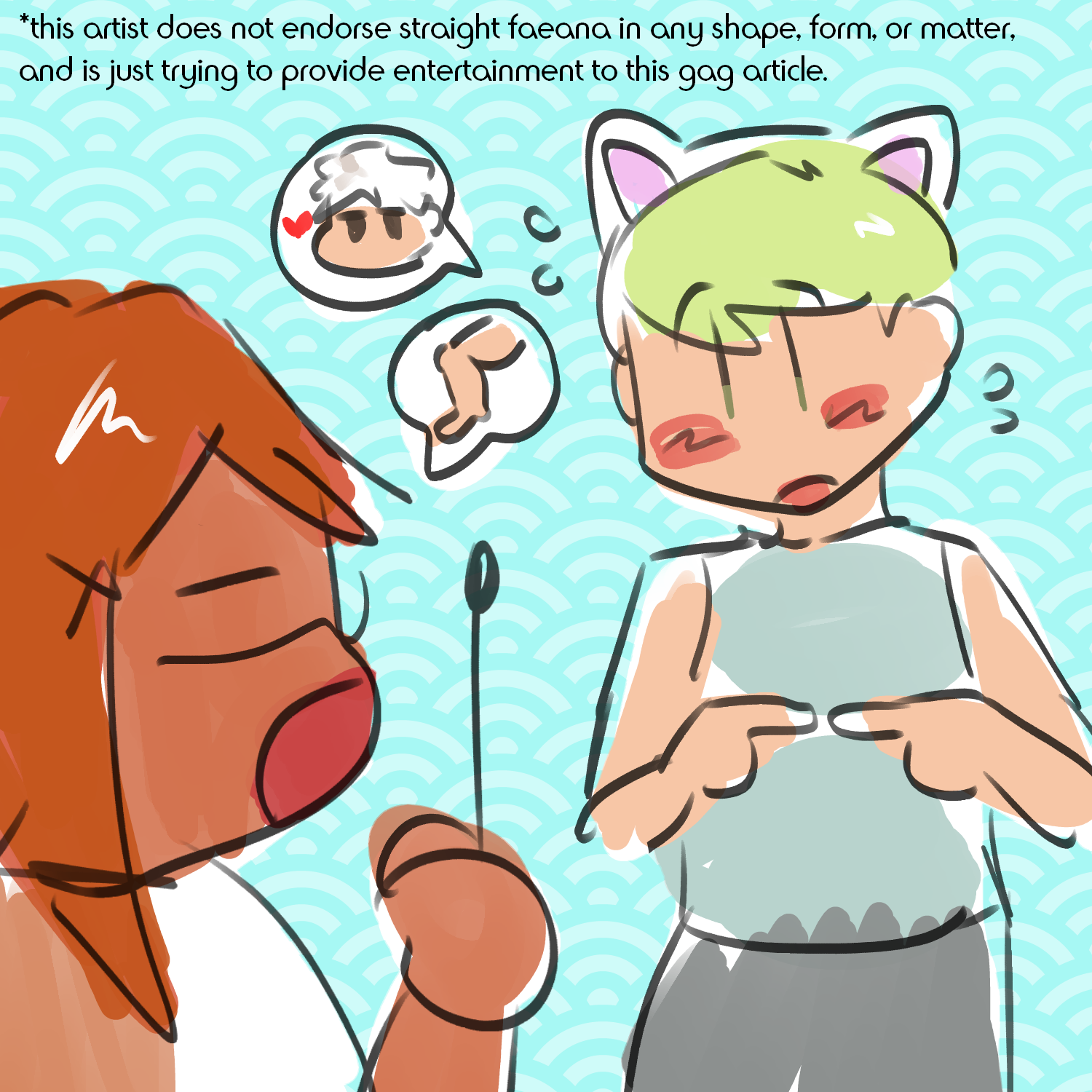 drawing of faeana in aforementioned outfit touching her fingers together shyly while talking about darius and a red heart. ms sharline seems to be lecturing her by talking about bare legs. the background is a light blue shell pattern, and there is a caption that says this artist does not endorse straight faeana in any shape, form, or matter. and is just trying to provide entertainment to this gag article.