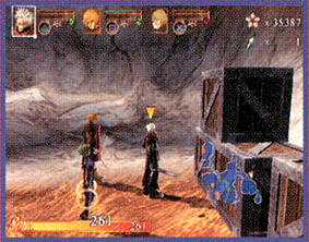 screenshot of evergrace 2, the trio standing in front of large crates.