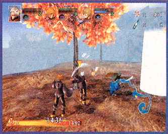 screenshot of evergrace 2, darius hitting a palmira bee in front of an autumn tree, a blue scorpion esque enemy to the side.