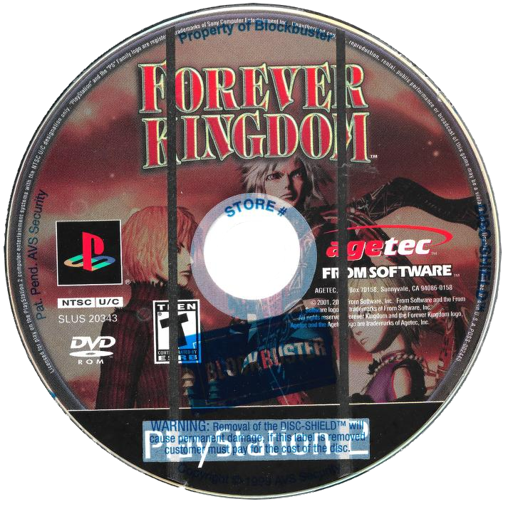 scan of forever kingdom game disk with renders of darius, ruyan, and faeana on the front. the logo for forever kingdom, agetec, fromsoftware, and the playstation two are visible. there is a disk guard overlaid on top of the disk, with a translucent blockbuster logo and text that says property of blockbuster