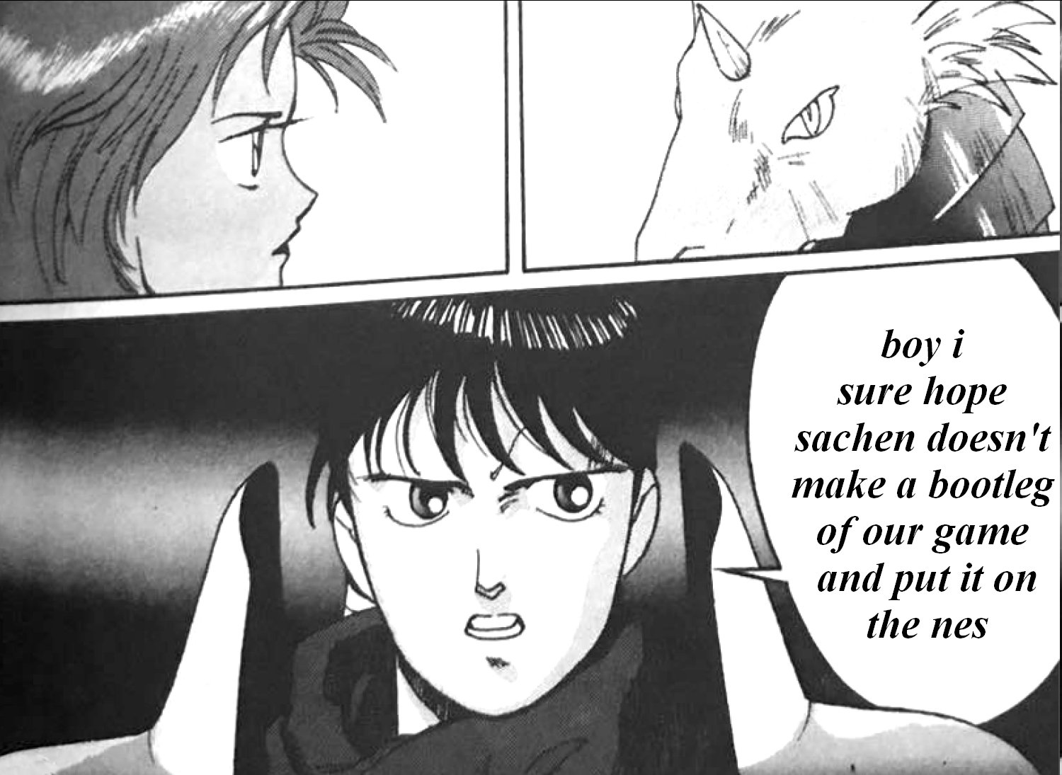 gaiapolis manga screenshot of elain (half fairy woman), galahad (lizard like-knight), and gerard (prince with long ponytail) looking intensely at each other. gerard's speech bubble reads: boy i sure hope sachen doesn't make a bootleg of our game and put it on the nes