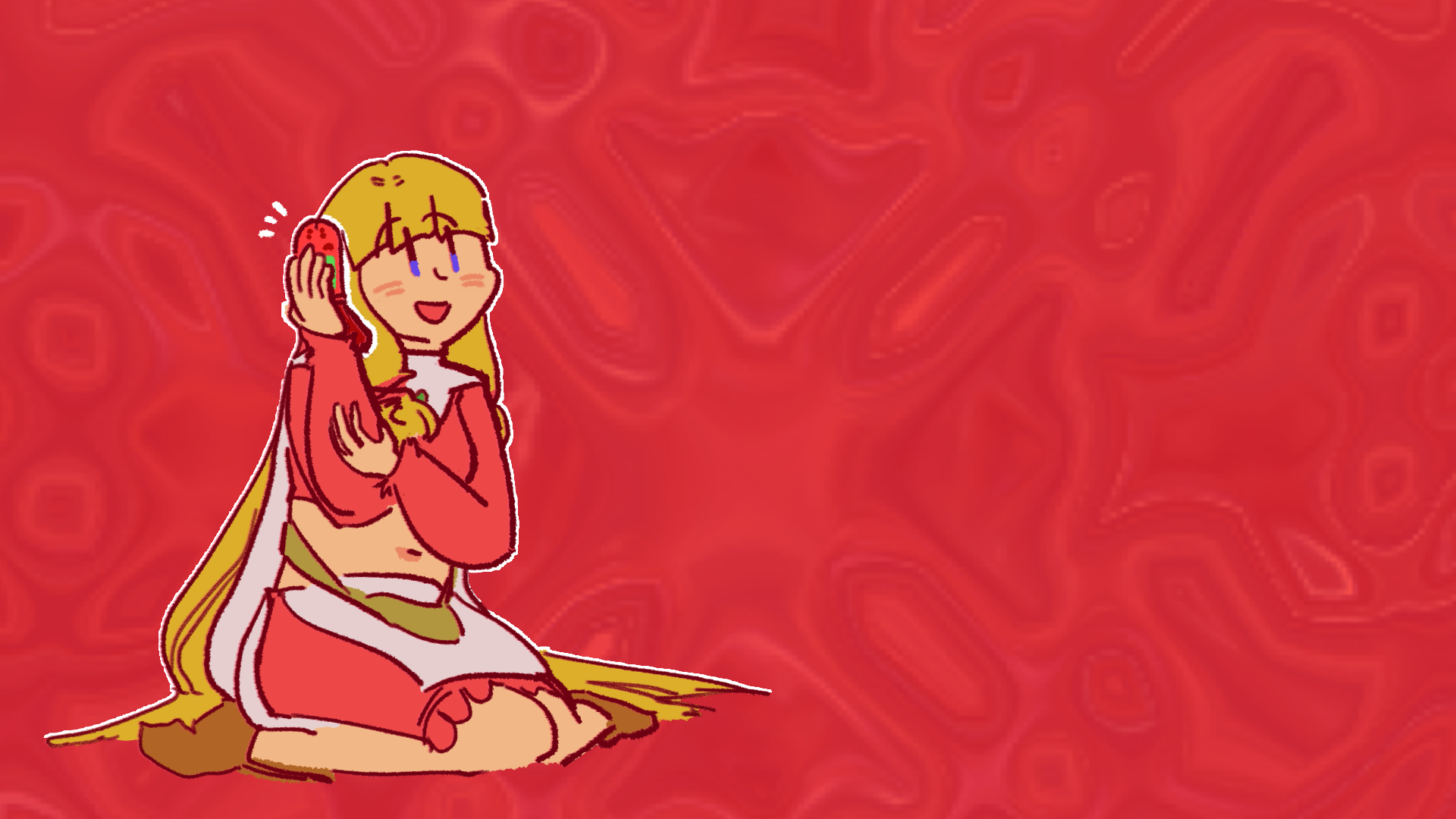 drawing of katia sitting down, knees splayed, happily listening to a red flip phone. there are symbols of excitement emanating off the phone. the background is a red fluid texture, taken from lost kingdoms' battle skybox.