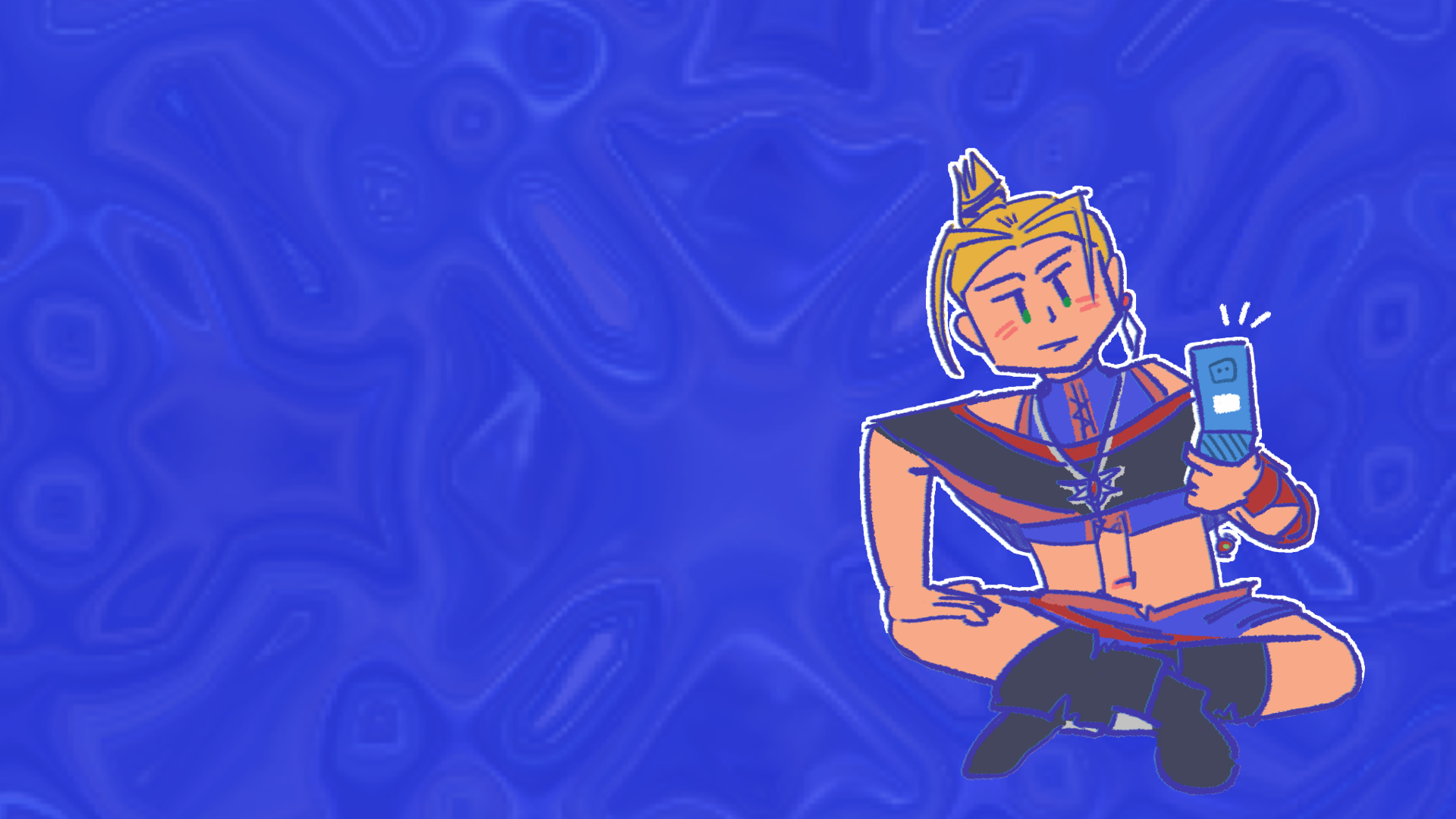 drawing of tara sitting down, cross legged with one hand on her knee, looking frustrated at a blue flip phone she is holding. there are symbols of excitement emanating off the phone. the background is a blue fluid texture, taken from lost kingdoms' battle skybox.