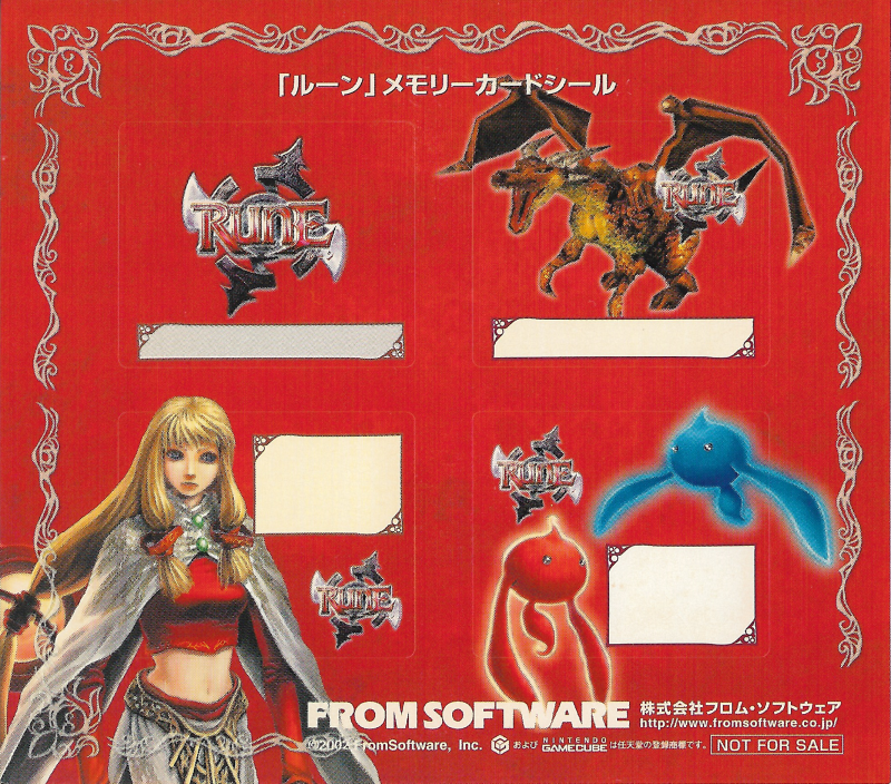 gamecube memory card sticker sheet of lost kingdoms art and blank name labels. there is the japanese logo, red dragon, katia, and a red and blue fairy. there is an ornate border around the sheet, and the logo of fromsoftware at the bottom.