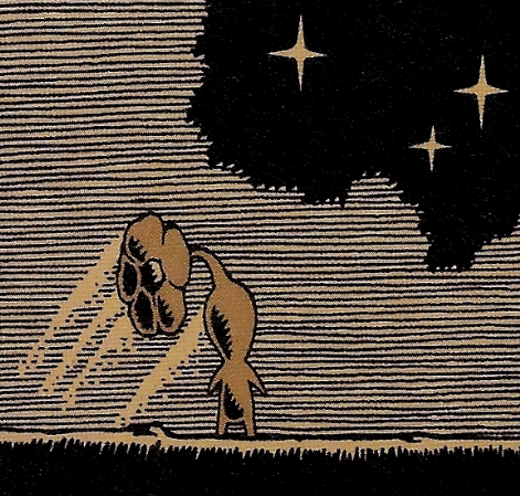 comic illustration of the back of a lone pikmin facing the starry sky above. the page is coloured in sepia browns and black, with cross hatching across the sky.
