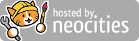 a website banner for neocities. has a cartoon cat head with orange-yellow patterning and a yellow hardhat, with holes for the cat's ears to poke through. in its hands are a wrench and paintbrush. the text on the right of the cat reads hosted by neocities. the button has a grey background.
